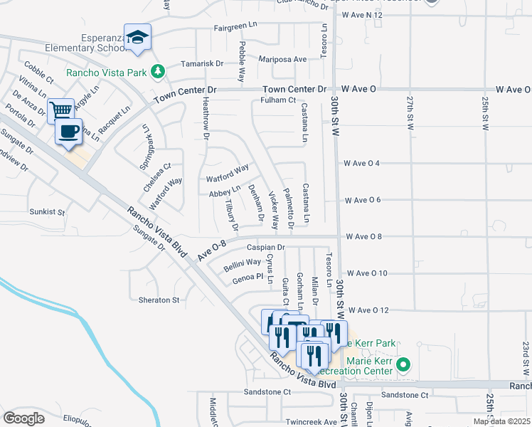 map of restaurants, bars, coffee shops, grocery stores, and more near 40040 Denham Drive in Palmdale