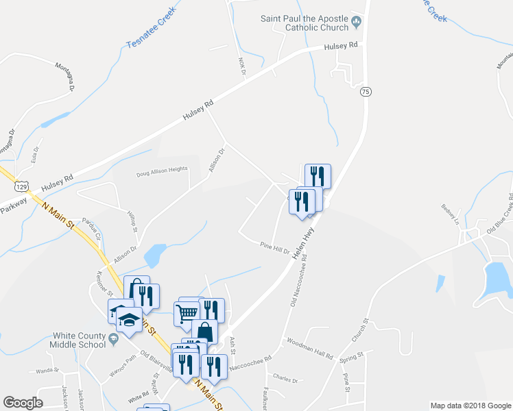 map of restaurants, bars, coffee shops, grocery stores, and more near 383 Pine Hill Drive in Cleveland