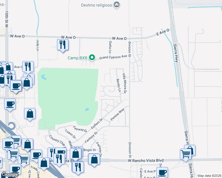 map of restaurants, bars, coffee shops, grocery stores, and more near 40106 Pevero Court in Palmdale