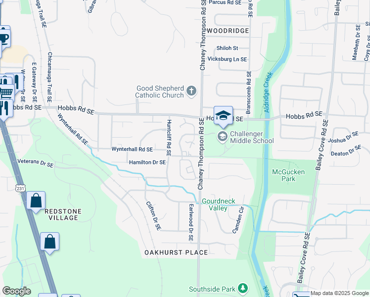 map of restaurants, bars, coffee shops, grocery stores, and more near 2704 Lantern Walk Southeast in Huntsville