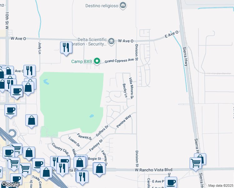map of restaurants, bars, coffee shops, grocery stores, and more near 40106 Pevero Court in Palmdale