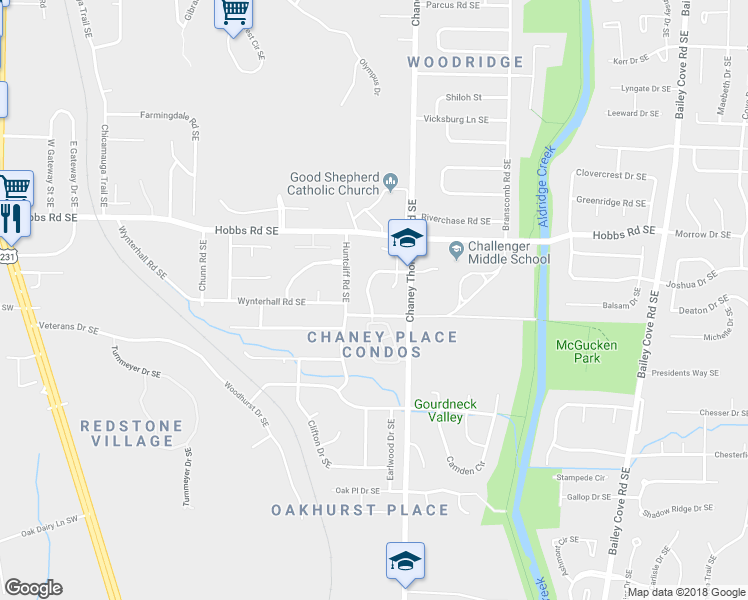 map of restaurants, bars, coffee shops, grocery stores, and more near 2704 Lantern Walk Southeast in Huntsville