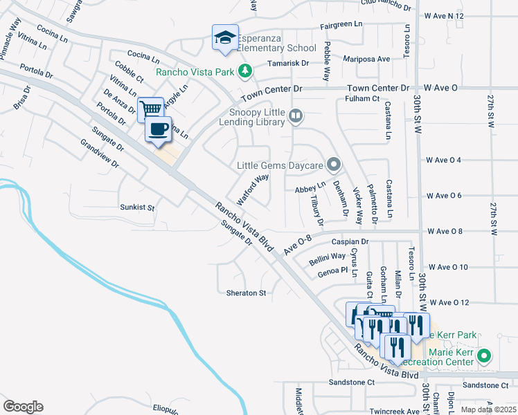 map of restaurants, bars, coffee shops, grocery stores, and more near 3530 Parkmeadow Court in Palmdale