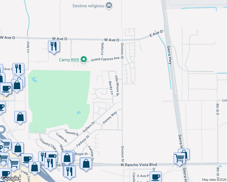 map of restaurants, bars, coffee shops, grocery stores, and more near 40046 Becky Lane in Palmdale