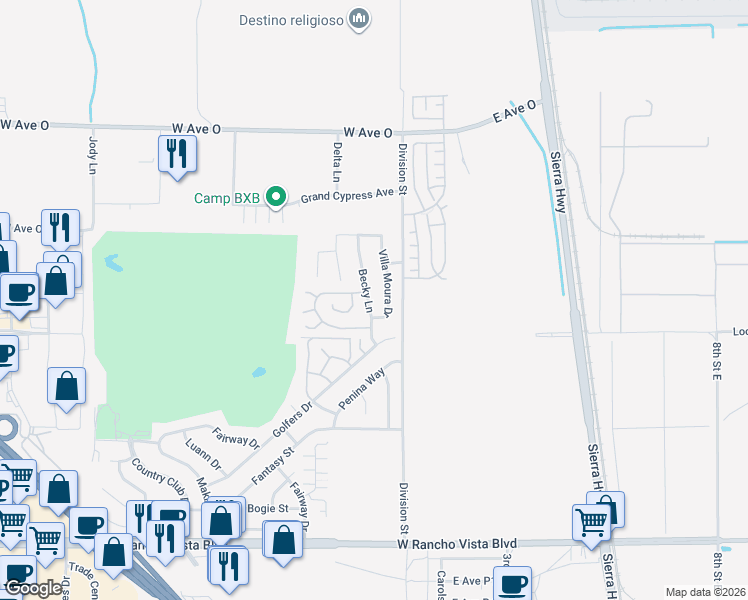 map of restaurants, bars, coffee shops, grocery stores, and more near 40046 Becky Lane in Palmdale