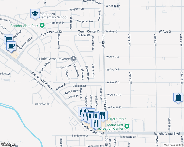 map of restaurants, bars, coffee shops, grocery stores, and more near 40055 Castana Lane in Palmdale