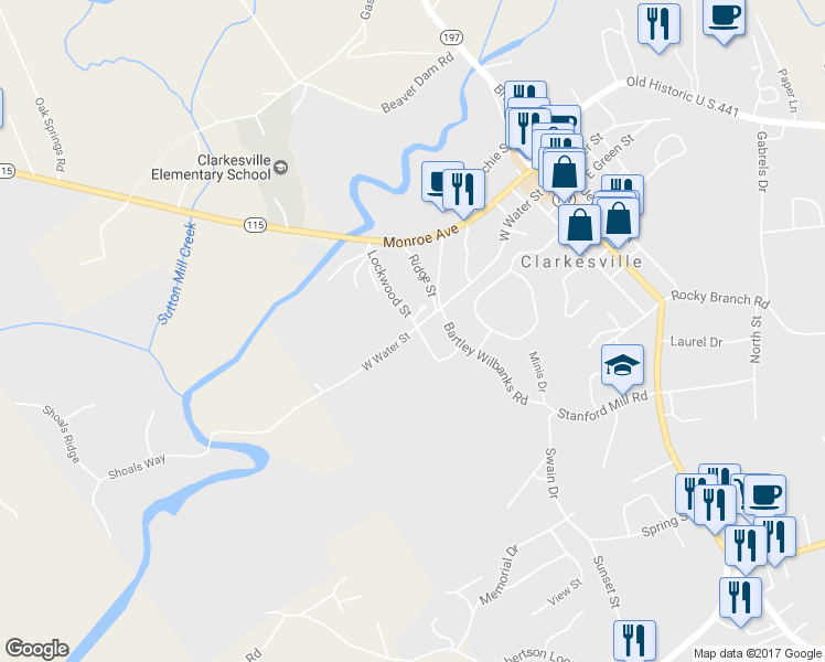 map of restaurants, bars, coffee shops, grocery stores, and more near West Water Street in Clarkesville