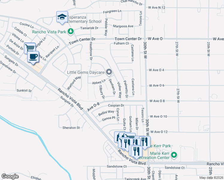 map of restaurants, bars, coffee shops, grocery stores, and more near 40047 Denham Drive in Palmdale