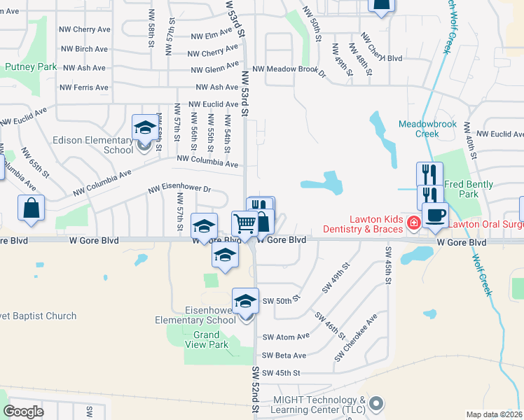 map of restaurants, bars, coffee shops, grocery stores, and more near 21 Northwest 53rd Street in Lawton