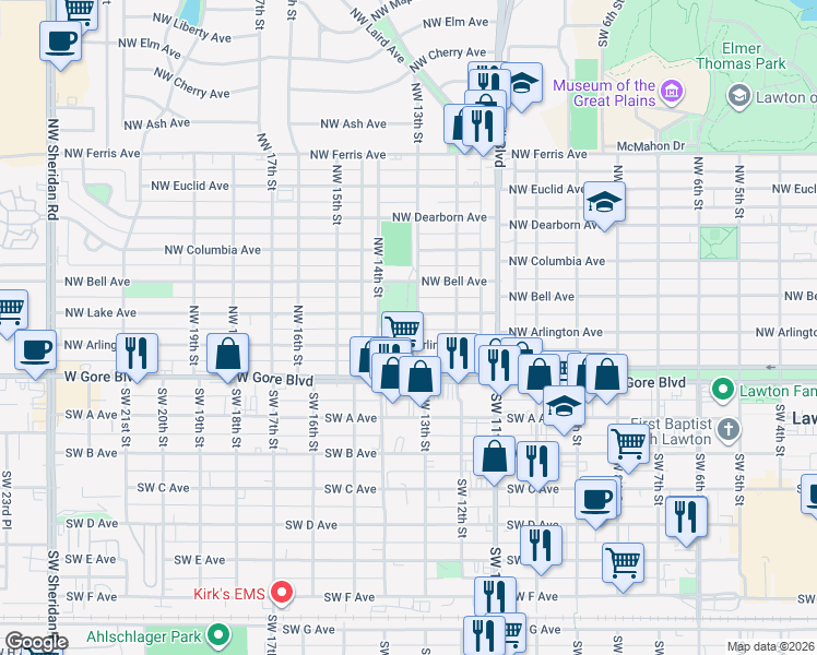 map of restaurants, bars, coffee shops, grocery stores, and more near 1213 Northwest Lake Avenue in Lawton
