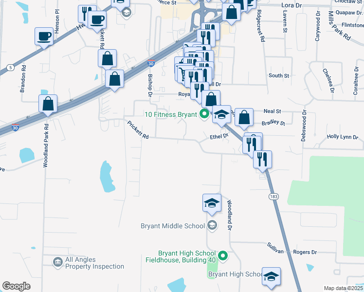 map of restaurants, bars, coffee shops, grocery stores, and more near 731 Prickett Road in Bryant