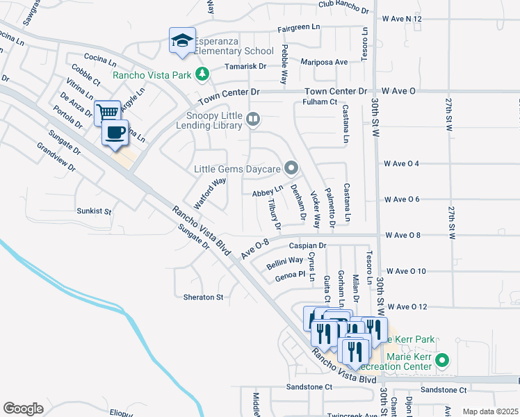 map of restaurants, bars, coffee shops, grocery stores, and more near 40050 Chalfont Court in Palmdale