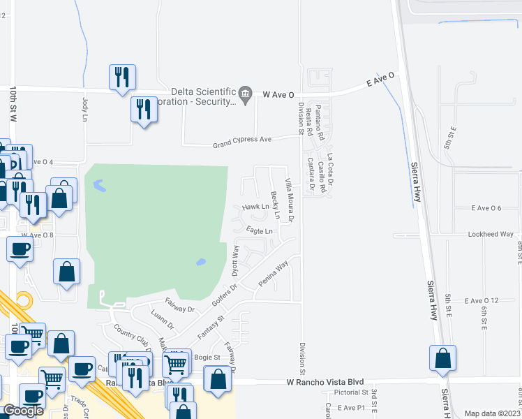 map of restaurants, bars, coffee shops, grocery stores, and more near 206 Hawk Lane in Palmdale