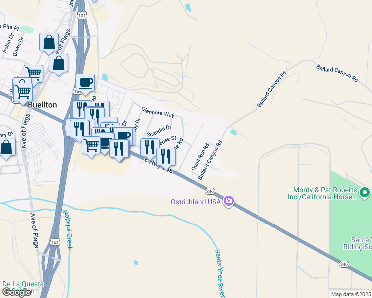 map of restaurants, bars, coffee shops, grocery stores, and more near 507 Thumbelina Drive in Buellton