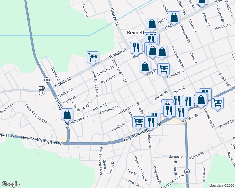 map of restaurants, bars, coffee shops, grocery stores, and more near 403A King Street in Bennettsville