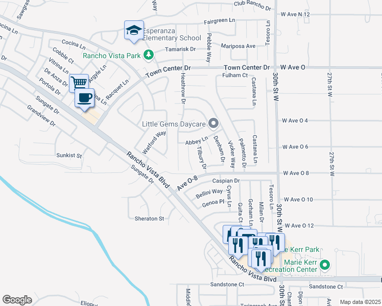map of restaurants, bars, coffee shops, grocery stores, and more near 40050 Chalfont Court in Palmdale
