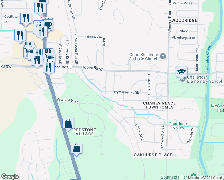 map of restaurants, bars, coffee shops, grocery stores, and more near 2610 Wynterhall Road Southeast in Huntsville