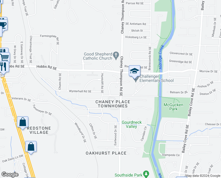 map of restaurants, bars, coffee shops, grocery stores, and more near 2704 Lantern Walk Southeast in Huntsville