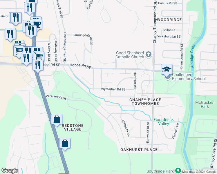 map of restaurants, bars, coffee shops, grocery stores, and more near 2508 Rileys Pass in Huntsville