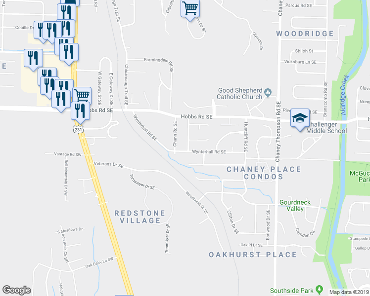 map of restaurants, bars, coffee shops, grocery stores, and more near 12012 River Canyon Road in Huntsville