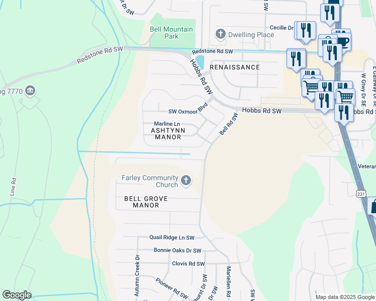map of restaurants, bars, coffee shops, grocery stores, and more near 2512 Slate Drive Southwest in Huntsville