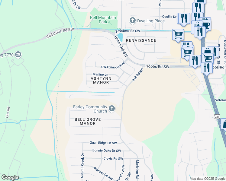 map of restaurants, bars, coffee shops, grocery stores, and more near 2512 Slate Drive Southwest in Huntsville