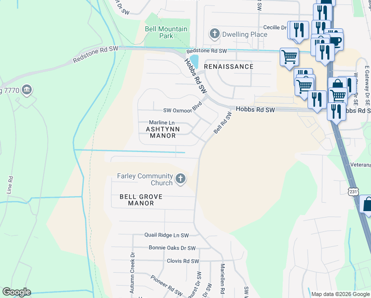 map of restaurants, bars, coffee shops, grocery stores, and more near 2512 Slate Drive Southwest in Huntsville