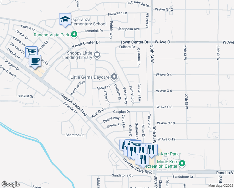 map of restaurants, bars, coffee shops, grocery stores, and more near 40055 Denham Drive in Palmdale