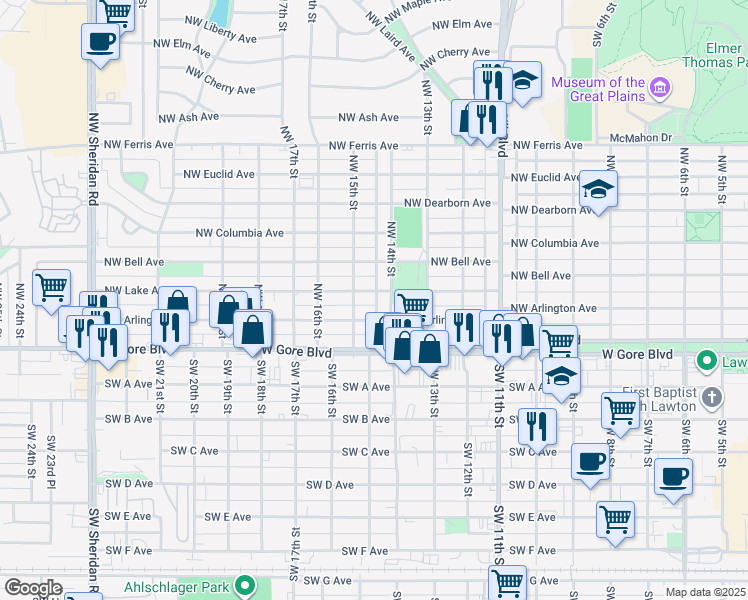 map of restaurants, bars, coffee shops, grocery stores, and more near 1411 Northwest Lake Avenue in Lawton