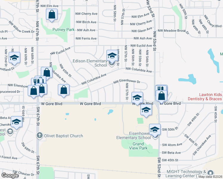 map of restaurants, bars, coffee shops, grocery stores, and more near 5904 Northwest Eisenhower Drive in Lawton