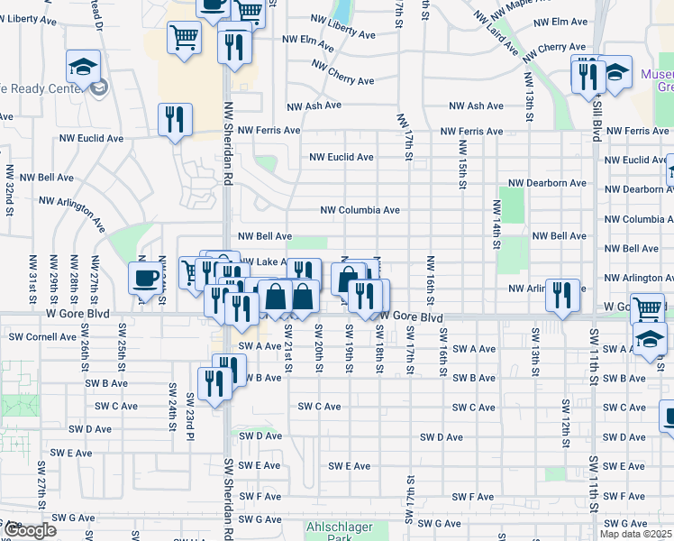 map of restaurants, bars, coffee shops, grocery stores, and more near 1815 Northwest Lake Avenue in Lawton