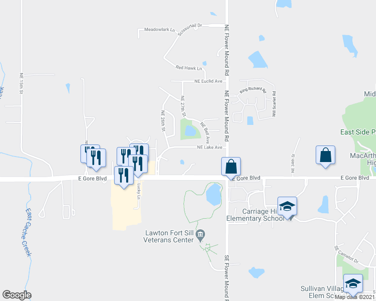 map of restaurants, bars, coffee shops, grocery stores, and more near 2613 Northeast Lake Avenue in Lawton