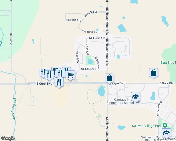 map of restaurants, bars, coffee shops, grocery stores, and more near 2611 Northeast Lake Avenue in Lawton