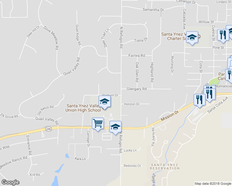 map of restaurants, bars, coffee shops, grocery stores, and more near 2981 Stadium Drive in Solvang