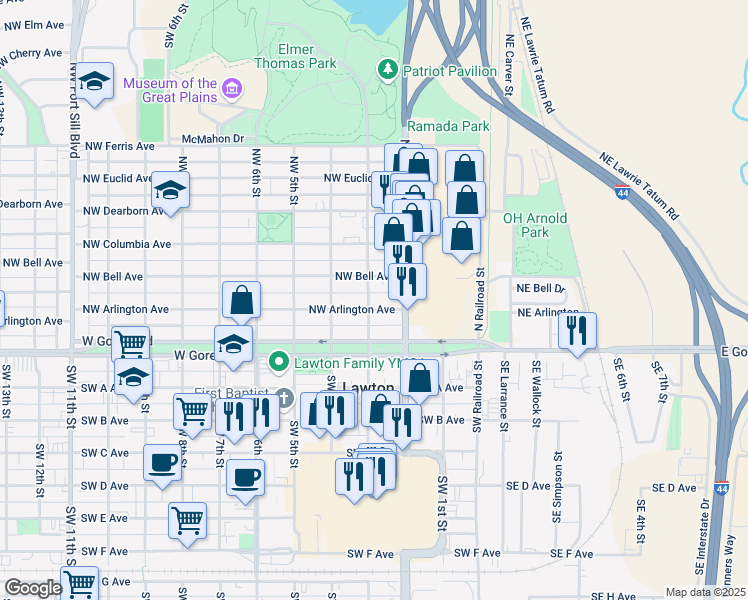 map of restaurants, bars, coffee shops, grocery stores, and more near 306 Northwest Bell Avenue in Lawton