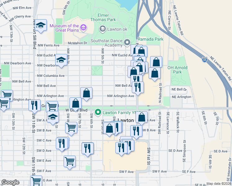 map of restaurants, bars, coffee shops, grocery stores, and more near 404 Northwest Bell Avenue in Lawton