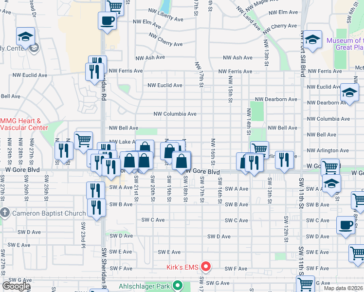 map of restaurants, bars, coffee shops, grocery stores, and more near 1715 Northwest Lake Avenue in Lawton