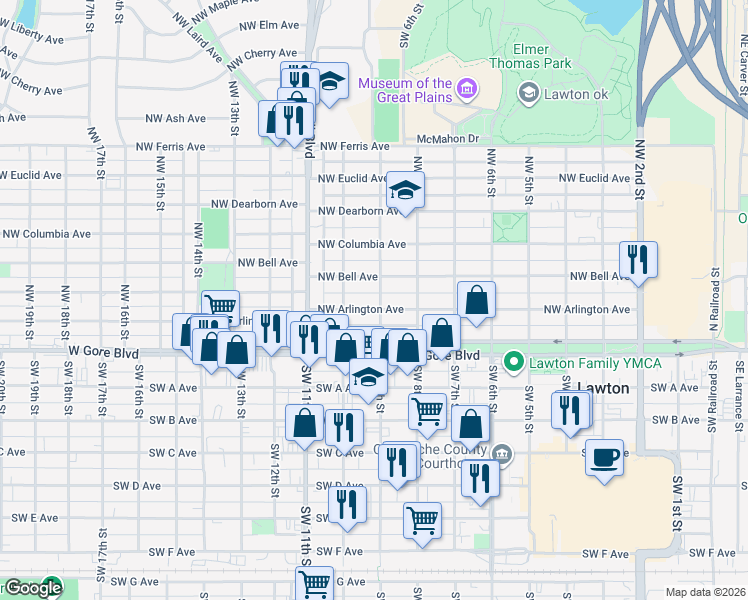 map of restaurants, bars, coffee shops, grocery stores, and more near 816 Northwest Bell Avenue in Lawton