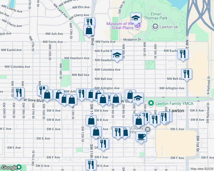map of restaurants, bars, coffee shops, grocery stores, and more near 916 Northwest Bell Avenue in Lawton