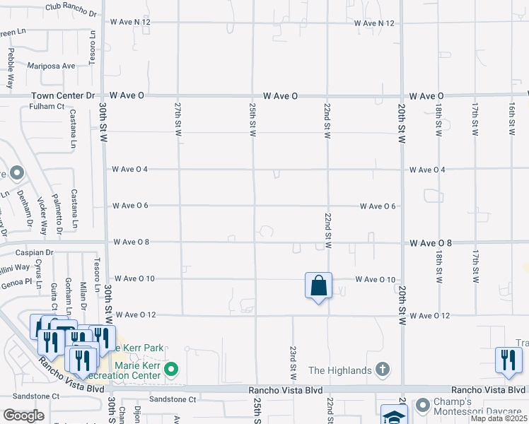 map of restaurants, bars, coffee shops, grocery stores, and more near 40028 25th Street West in Palmdale
