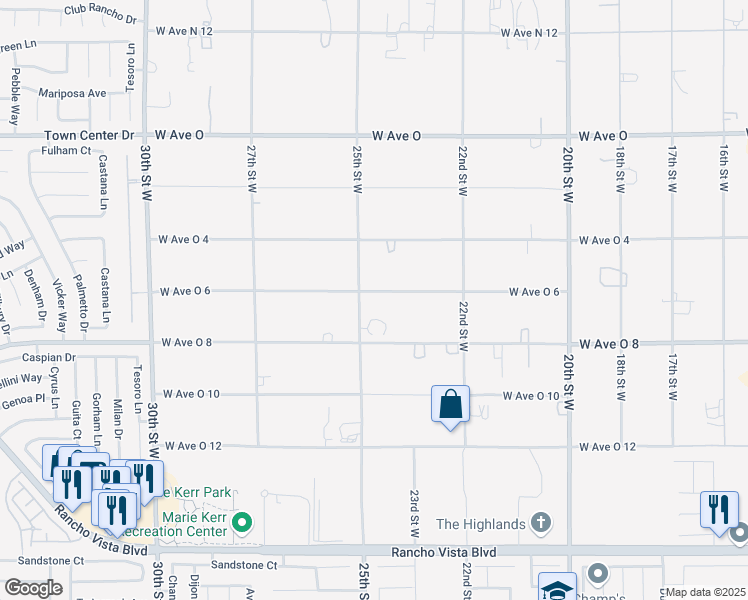 map of restaurants, bars, coffee shops, grocery stores, and more near 40028 25th Street West in Palmdale