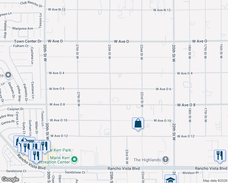 map of restaurants, bars, coffee shops, grocery stores, and more near 40118 25th Street West in Palmdale