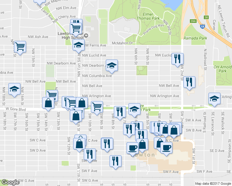 map of restaurants, bars, coffee shops, grocery stores, and more near 716 Northwest Bell Avenue in Lawton