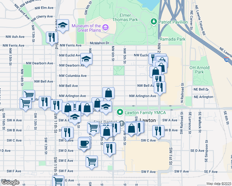map of restaurants, bars, coffee shops, grocery stores, and more near 602 Northwest Bell Avenue in Lawton