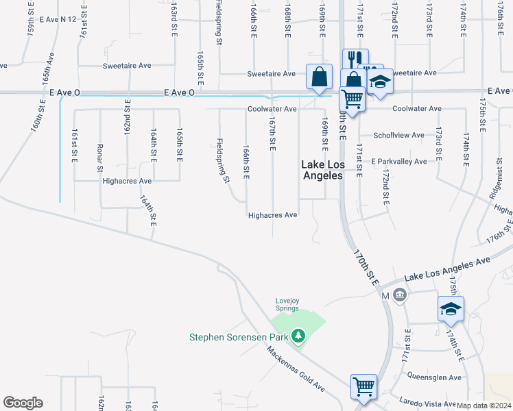 map of restaurants, bars, coffee shops, grocery stores, and more near 40117 168th Street East in Lake Los Angeles