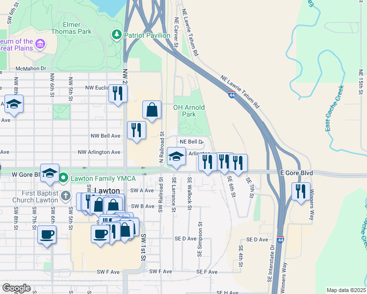 map of restaurants, bars, coffee shops, grocery stores, and more near 108 Northeast Bell Avenue in Lawton