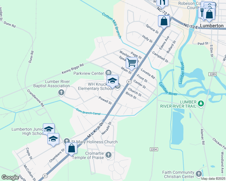 map of restaurants, bars, coffee shops, grocery stores, and more near 1520 Martin Luther King Junior Drive in Lumberton