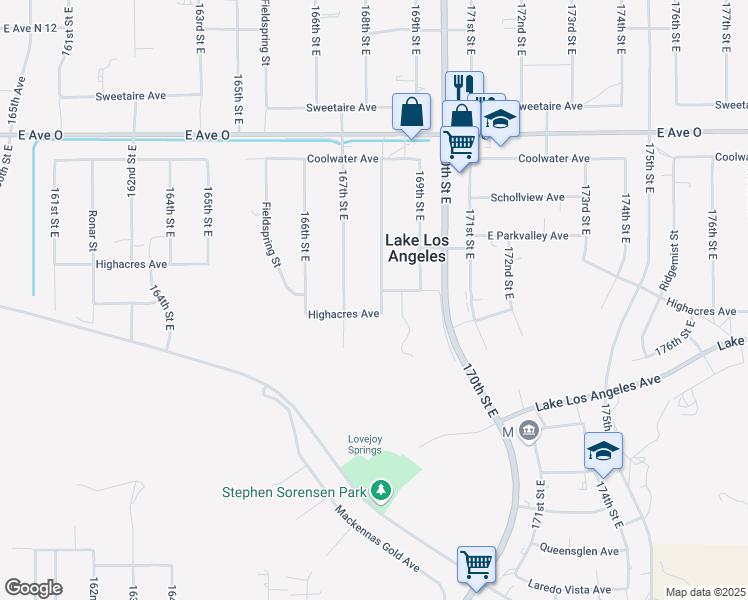 map of restaurants, bars, coffee shops, grocery stores, and more near 40117 168th Street East in Lake Los Angeles