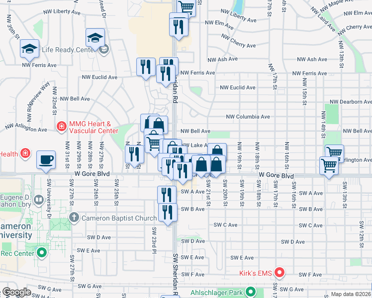 map of restaurants, bars, coffee shops, grocery stores, and more near 2117 Northwest Lake Avenue in Lawton