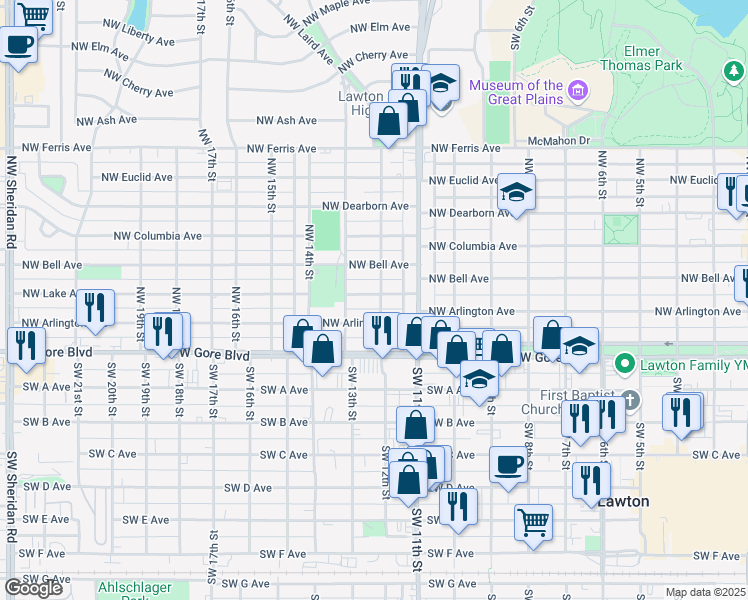 map of restaurants, bars, coffee shops, grocery stores, and more near 1202 Northwest Lake Avenue in Lawton